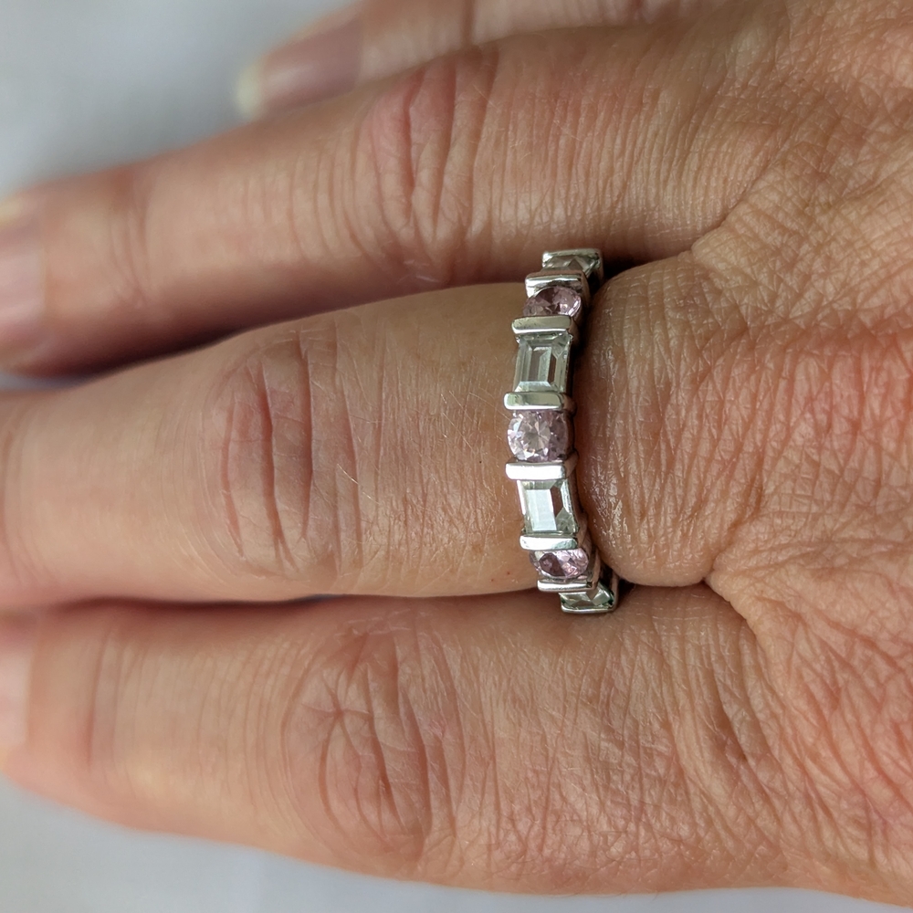 Silver and Pink Channel Set Ring with Sparkling Stones